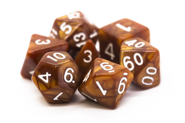 TLAMA games Sada 7 perleťových kostek pro RPG (9 barev) Barva: Bronz - hnědá (D4, D6, D8, 2x D10, D12, D20 - dice set)