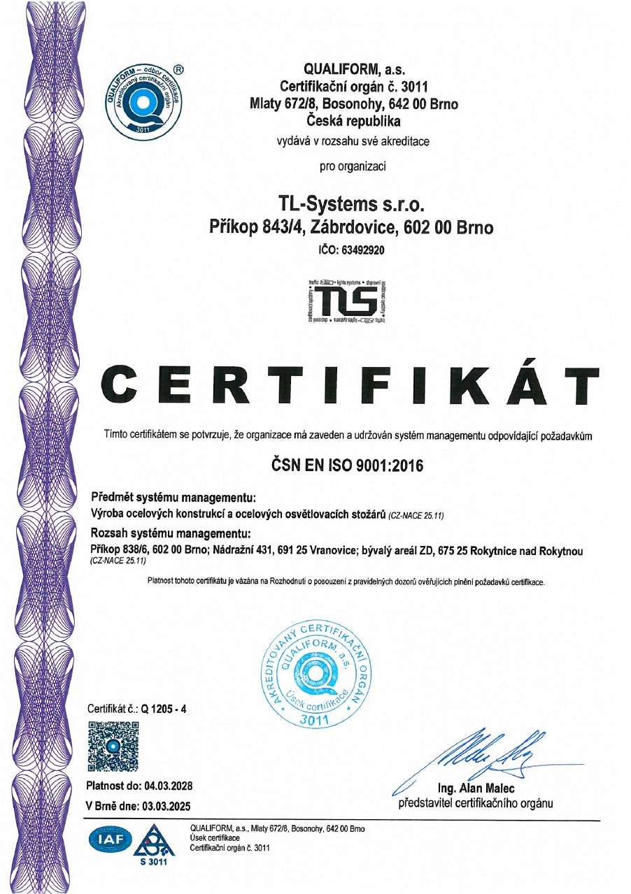Certifikát ČSN EN ISO 9001:2016