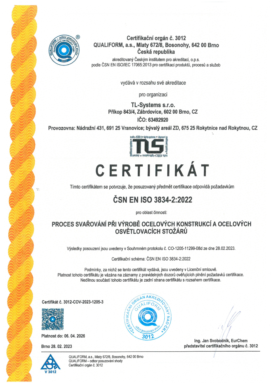 Certifikát ČSN EN ISO 3834-2:2022