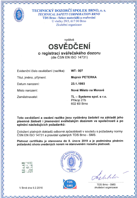 Osvědčení o registraci svářečského dozoru