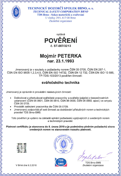 Pověření svářečského technika
