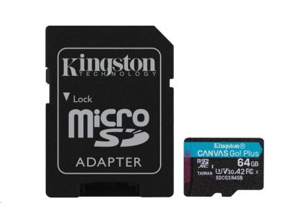 Kingston MicroSDXC karta 64GB Canvas Go! Plus, R:170/W:70MB/s, Class 10, UHS-I, U3, V30, A2 + Adaptér