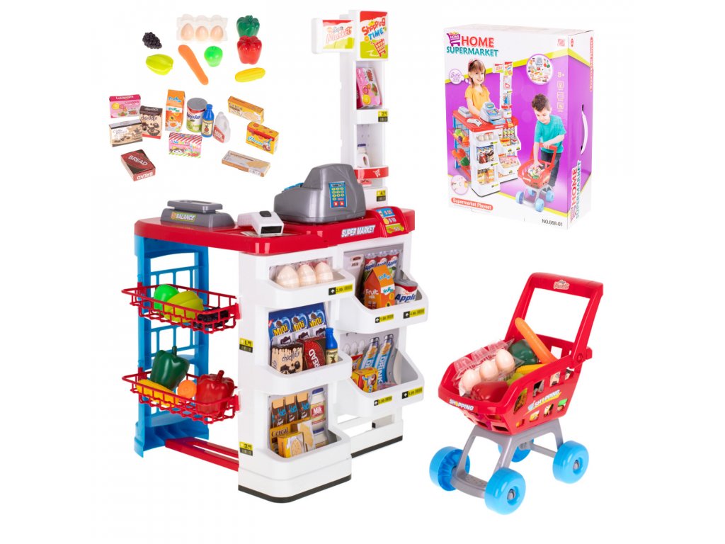 Dětský prodejní stánek s nákupním vozíkem a příslušenstvím červený (2)
