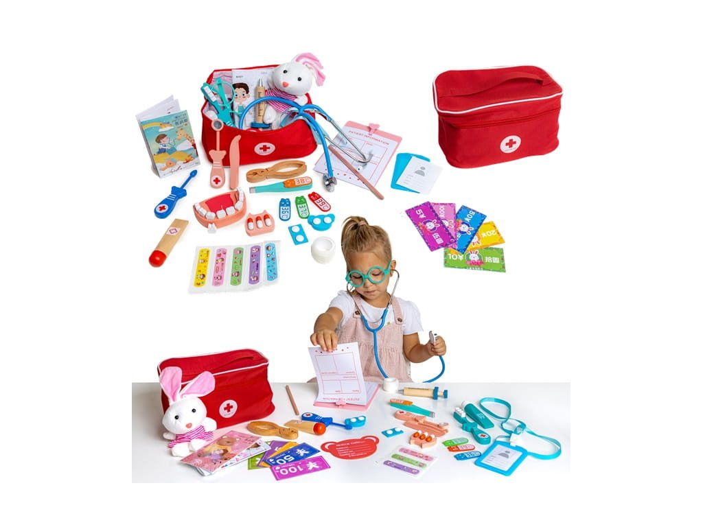Dětská dřevěná lékařská sada v přenosné tašce červená (5)