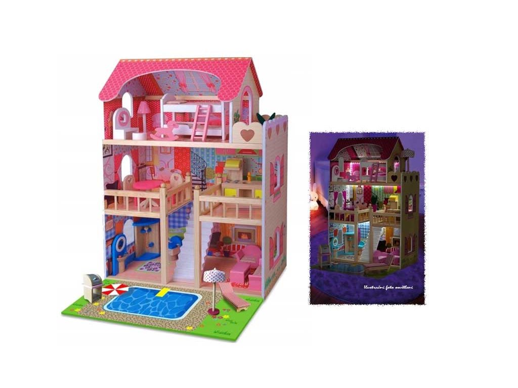 Doris drevený domček pre bábiku s LED pásikom ružový 90 cm