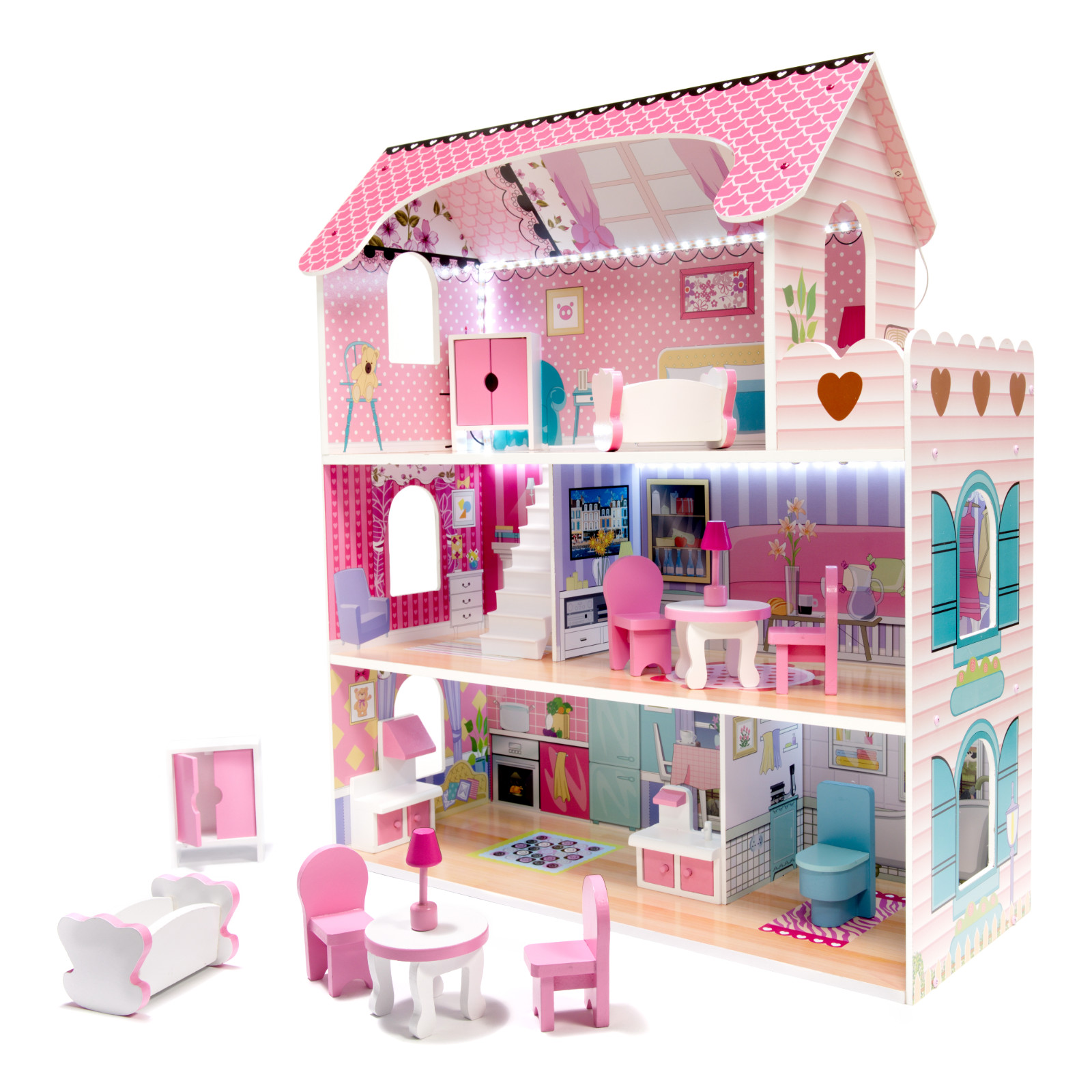 Domček pre bábiky MDF + nábytok LED 70 cm ružový