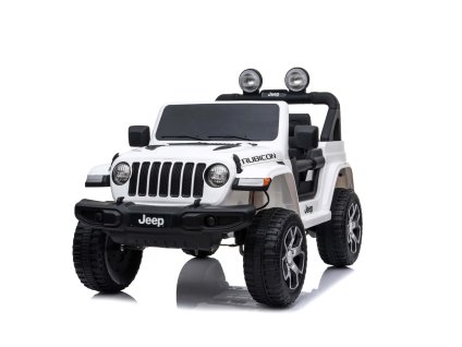 Elektrické autíčko JEEP Wrangler, Jednomiestne, Biele, Koženkové sedadlá, Rádio s Bluetooth prehrávačom, SD/USB vstup, Pohon 4x4, Lítiová batéria, EVA kolesá, Odpružená náprava, 2,4 GHz Dialkové Ovládanie