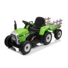 Zánovný elektrický Traktor WORKERS s vlečkou, zelený, Pohon zadných kolies, 12V batéria, Plastové kolesá, široké sedadlo, 2,4 GHz Diaľkový ovládač, Jednomiestne, MP3 prehrávač so vstupom USB/SD, LED Svetlá, Bluetooth