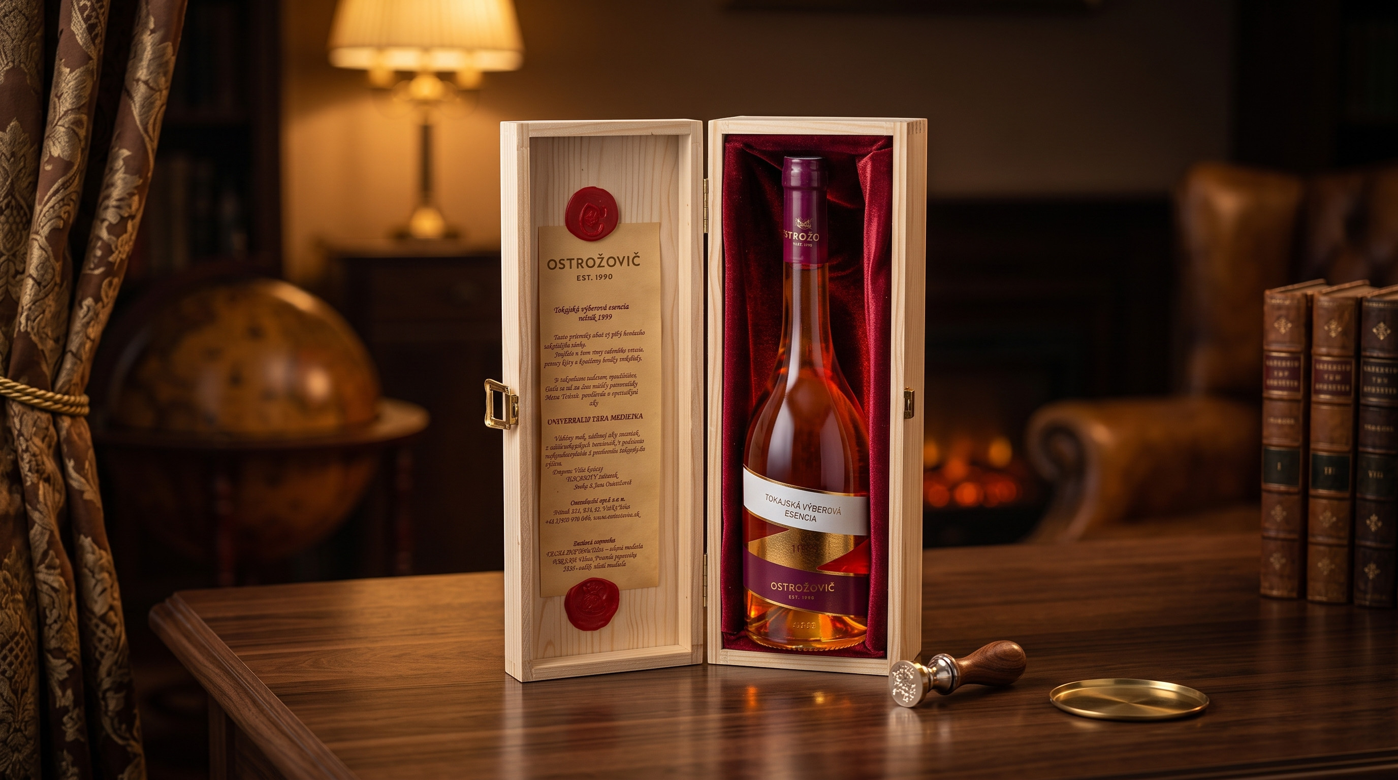 Tokajská výberová esencia 1999 in a wooden gift case on an elegant table