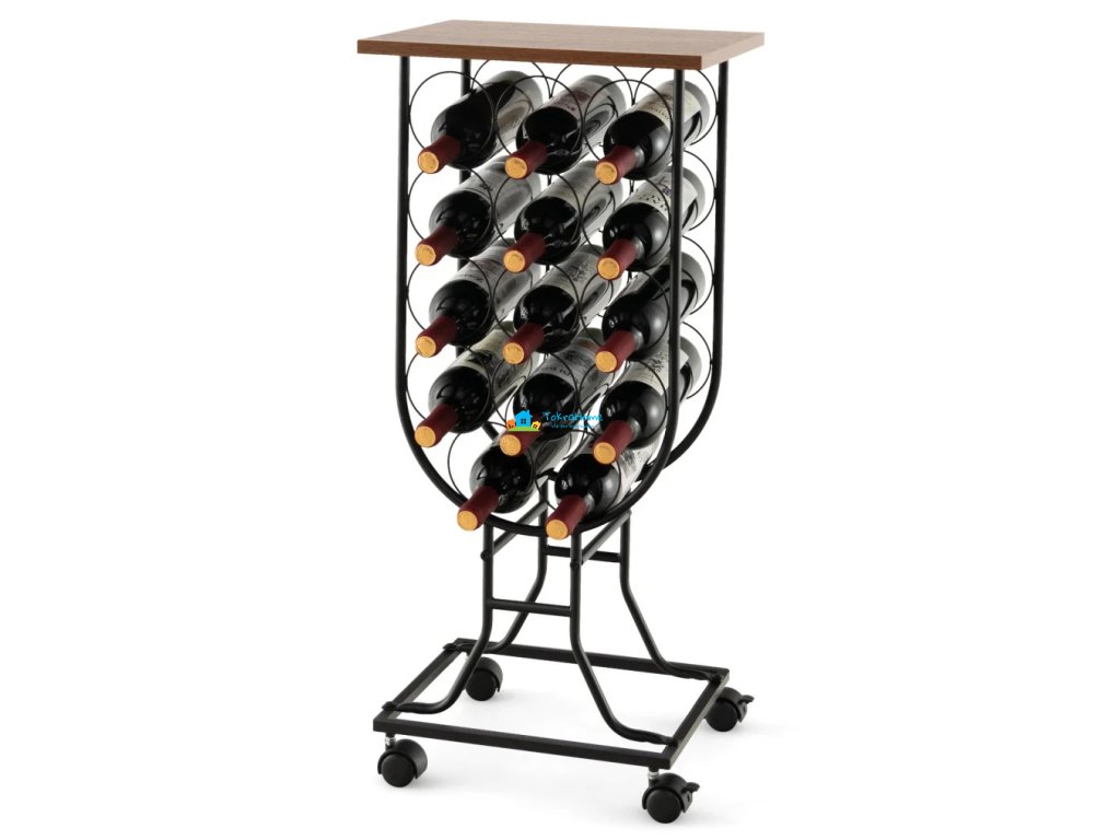Stojan na víno pro 14 lahví, odnímatelná kolečka, hnědo-černý