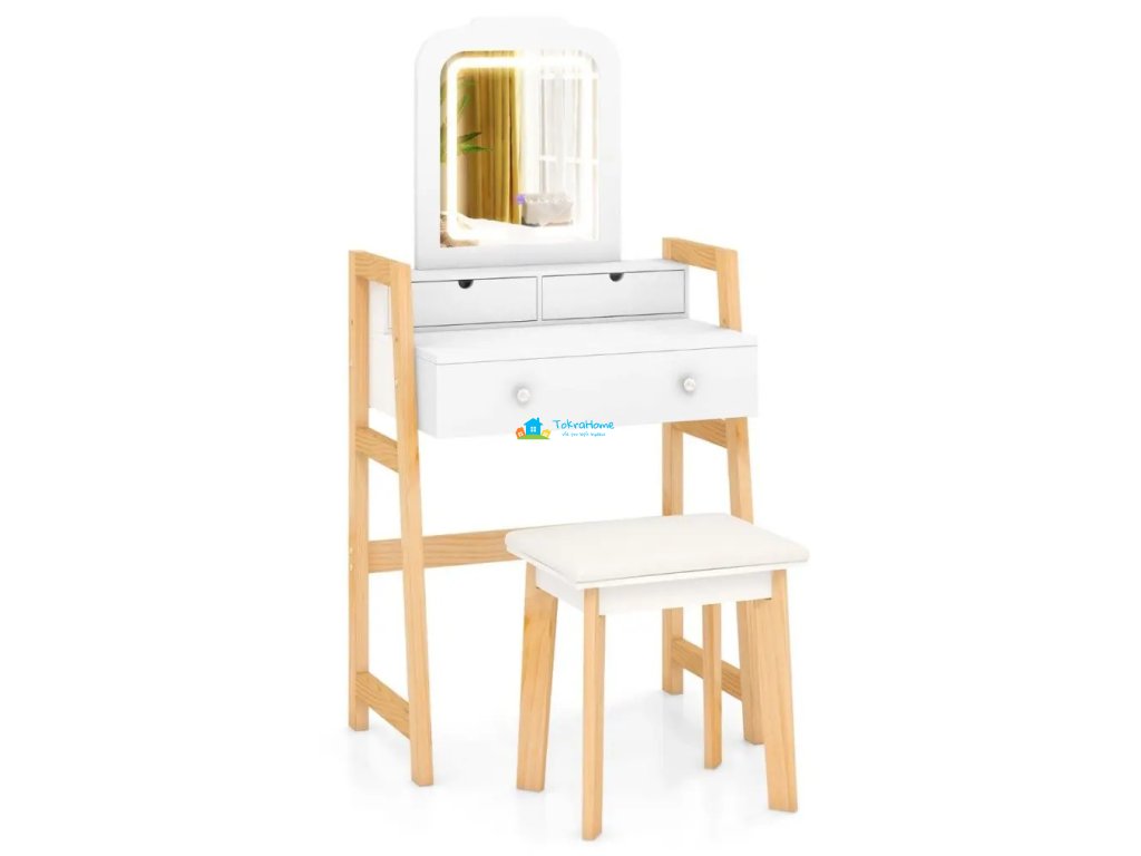 Toaletní kosmetický stolek s LED osvětlením a taburetem, dřevěný, bílý