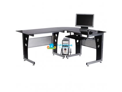 Rohový kancelářský / domácí PC stůl s černým bezpečnostním sklem ve tvaru L 164 x 139 x 75 cm