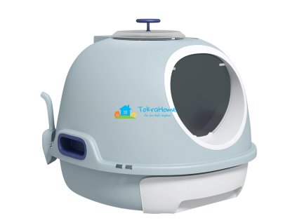 Kočičí záchod přenosný s výsuvnou miskou, střešním oknem a lopatkou, mořská modrá, 47 x 55 x 44 cm