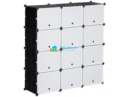 Regálový systém modulární bezšroubový, 12 přihrádek, ocel/plast, bílo-černý, 125 x 32 x 125 cm