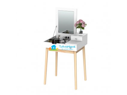 Toaletní kosmetický stolek se sklápěcím zrcadlem a 2 šuplíky, dřevo/bílá,