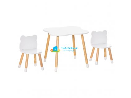 Dětský stůl se židlemi, bílá + přírodní dřevo, 56 x 56 x 50 cm