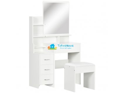 Toaletní kosmetický stolek s policemi, zásuvkami a taburetem, bílá, 80 x 38 x 143 cm