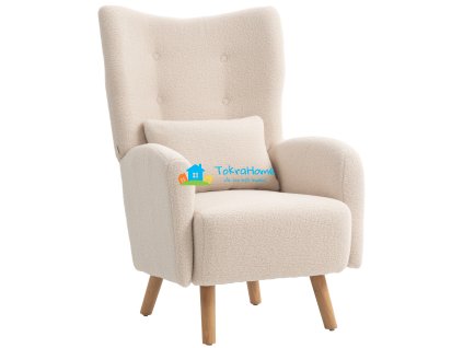 Relaxační křeslo z masivního dřeva s polštářem, plyš, krémové