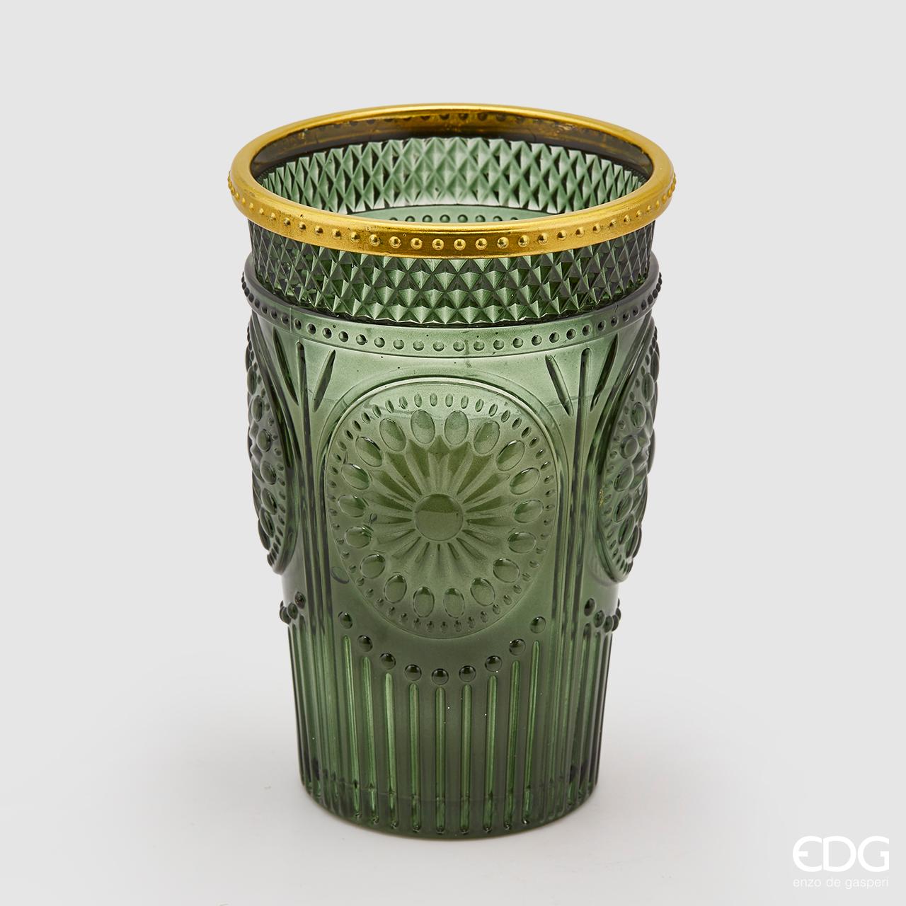 EDG Svíčka v broušené skleněné váze 23 x 15 cm, zeleno-zlatá