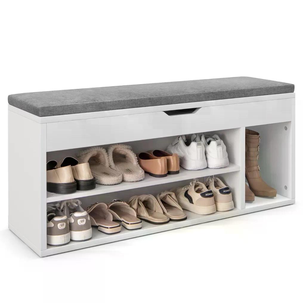 Costway Botník s polstrovanou lavicí a policemi, bílo-šedý JV11726GR