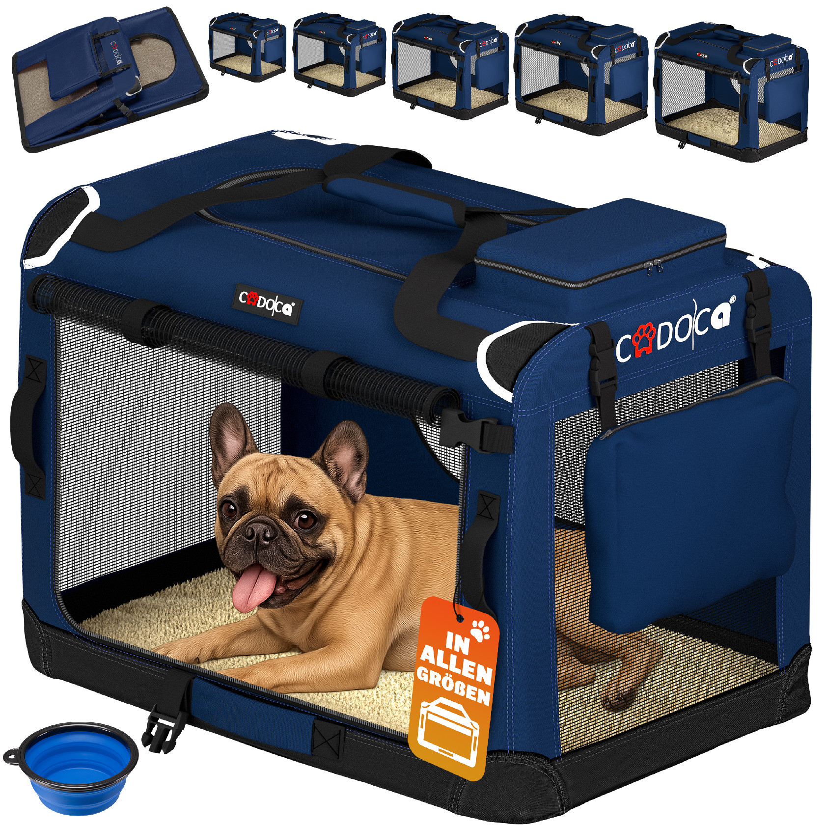 Cadoca Skládací cestovní box pro psy M, modrý 109433