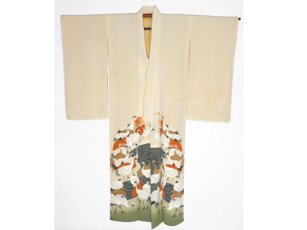pravé japonské kimono z hedvabí a ručně malovane motv jeřábů (2)