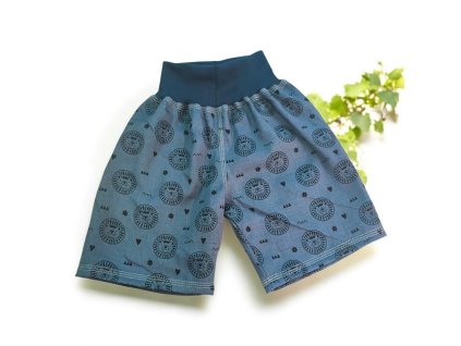 Kraťasy delší lvi na modré jeans mušelín