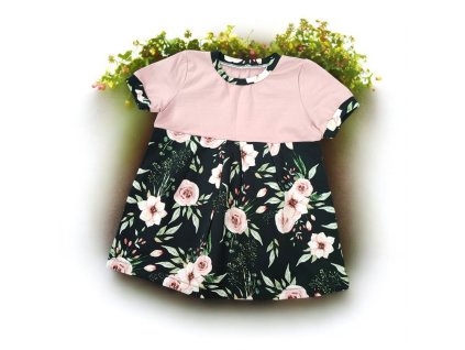 Šatičky růžové květy na černé 74/80  Dívčí šaty