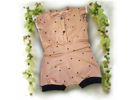 Overal černé puntíky na béžové 68/74  Holčičí overal