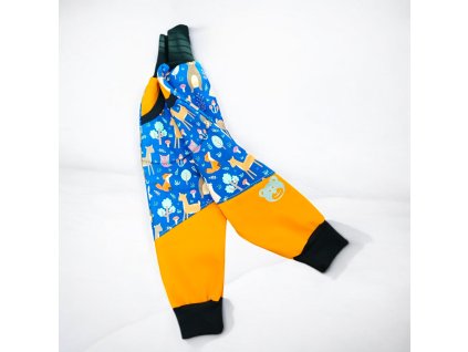 Softshell kalhoty lesní zvířátka na modré hořčice 74/80  Dětské kalhoty