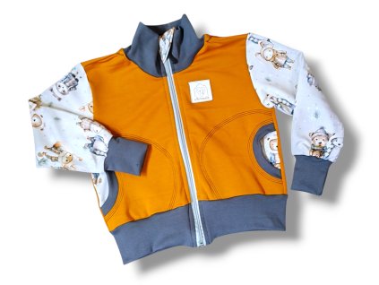 Mikina zip zimní zvířátka okrová 74/80  Mikina unisex