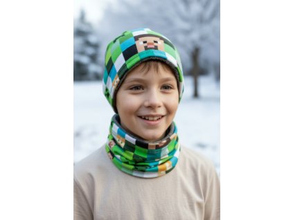 Zimní čepice s nákrčníkem svět kostiček  Klučičí čepice