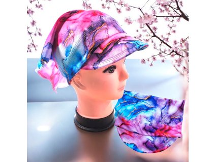 Letní šátek s kšiltem mramor fialovo růžový  Letní šátek pro holky