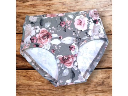 Dámské kalhotky růžové květy na šedé