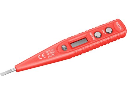 Zkoušečka napětí digitální s LED světlem 12-250V, 12-250V, délka 146mm, plochý šroubovák (-)3,0mm, LCD displej, na měření napětí v rozsahu 12-36-55-110-220V AC/DC (střídavý/stejnosměrný proud), frekvenční rozsah 50-50