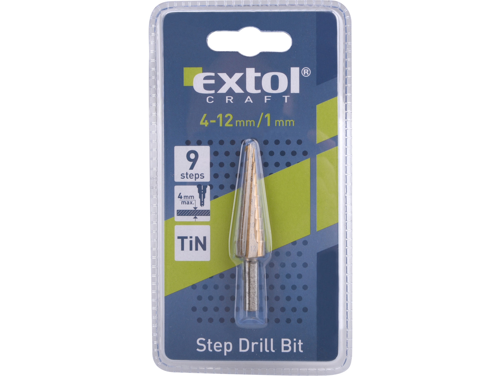 Vrták stupňovitý TiN EXTOL CRAFT Dostupné varianty: Vrták stupňovitý TiN EXTOL CRAFT ø 4-12mm, stupňování po 1 mm, 9 otvorů, stopka ø 6 mm, délka 69 mm