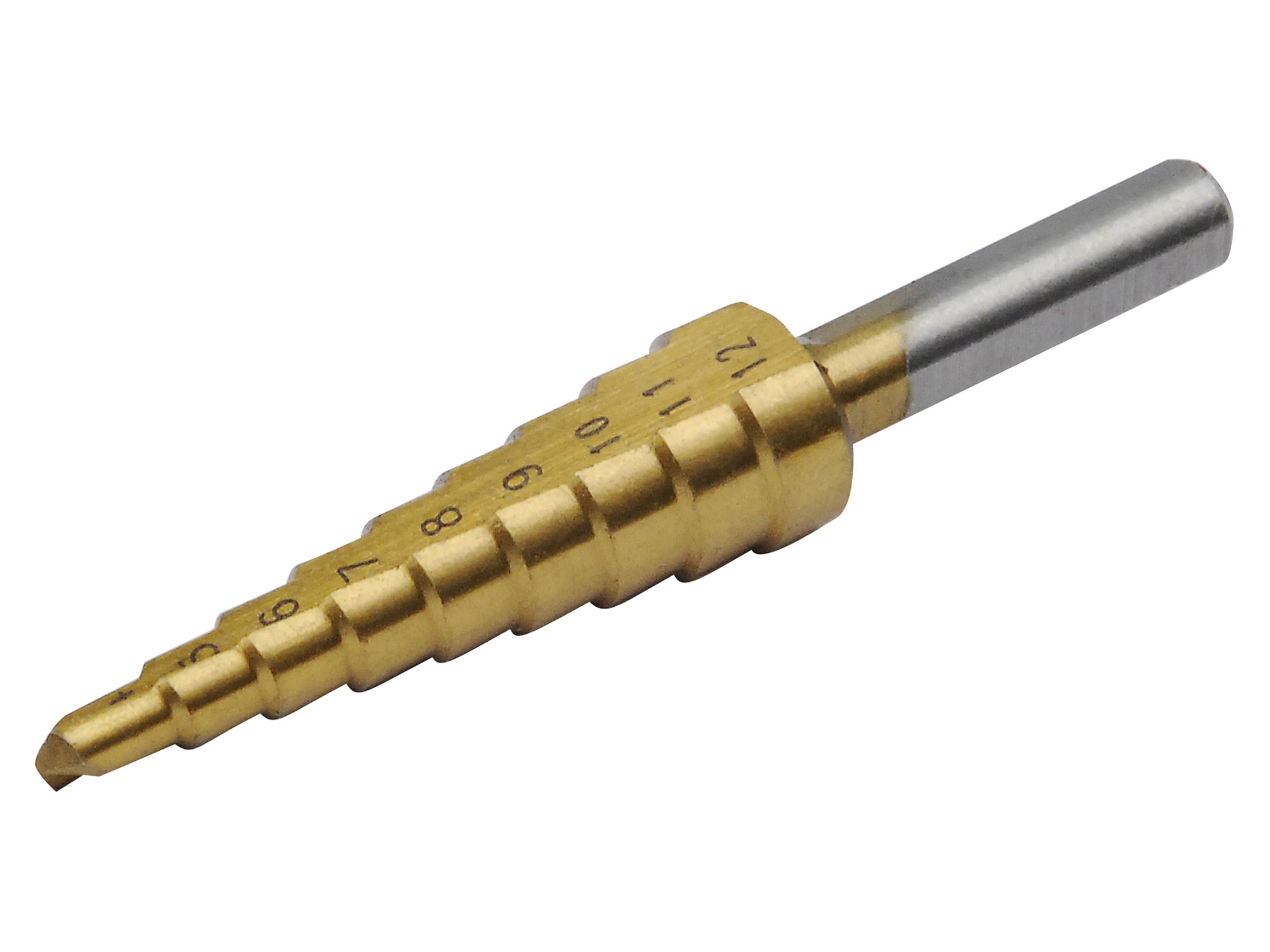 Vrták stupňovitý TiN EXTOL CRAFT Dostupné varianty: Vrták stupňovitý TiN EXTOL CRAFT ø 4-12mm, stupňování po 1 mm, 9 otvorů, stopka ø 6 mm, délka 69 mm