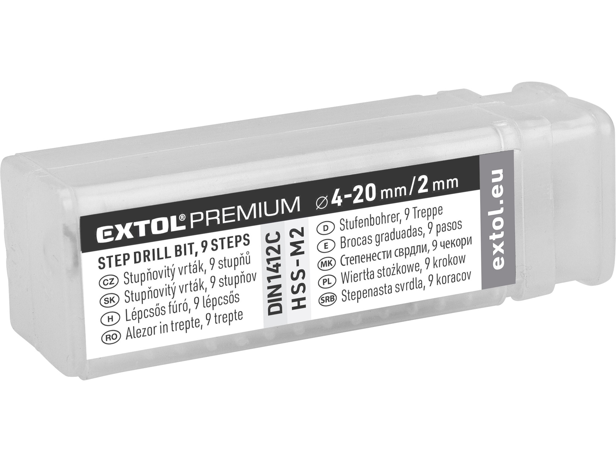 Vrták stupňovitý HSS EXTOL PREMIUM Dostupné varianty: Vrták stupňovitý HSS EXTOL PREMIUM, ø 4-20 mm, stupňování po 2 mm, 9 otvorů, stopka ø 8mm, délka 75 mm
