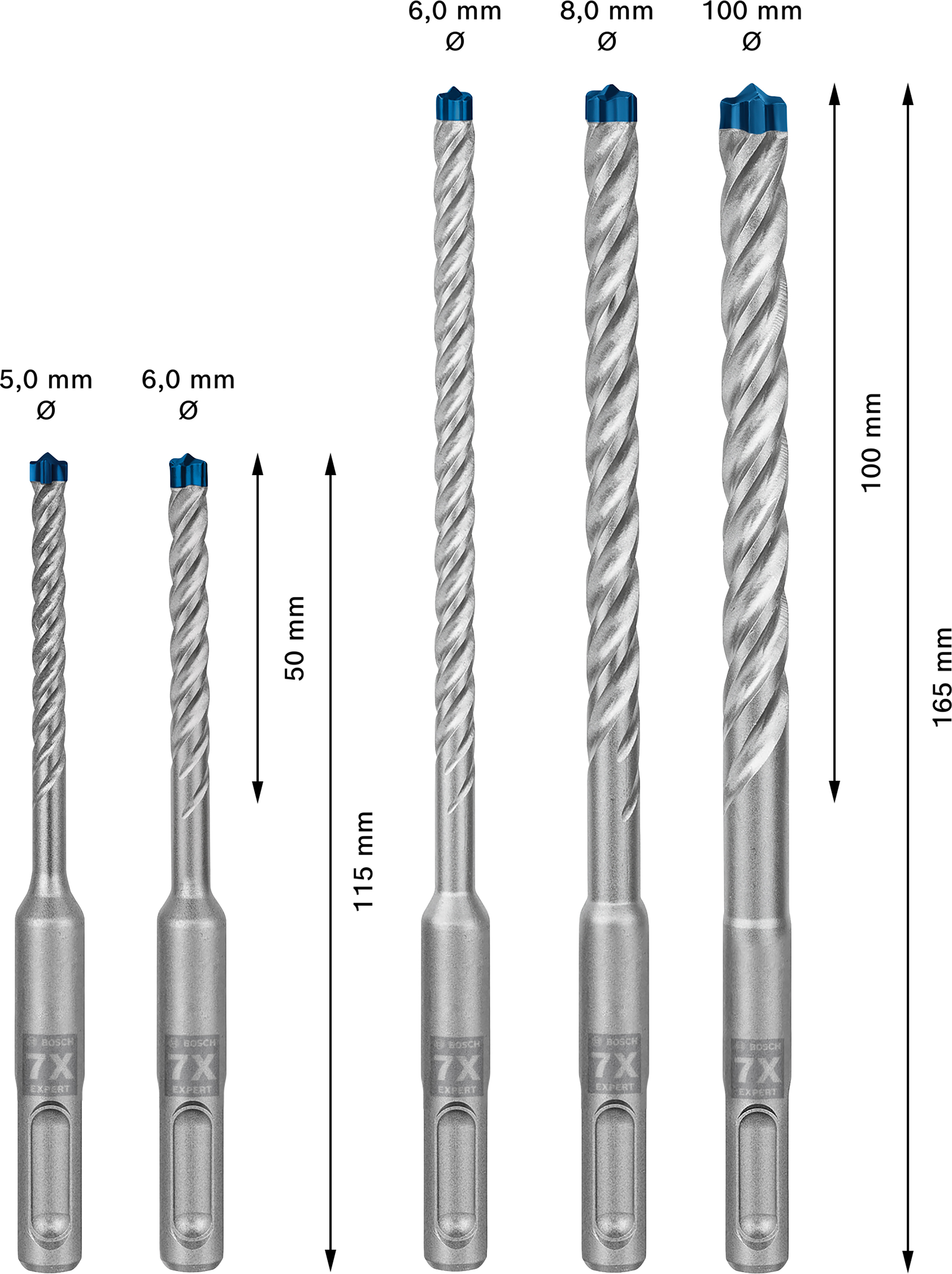 Sada vrtáků do betonu SDS plus-7X Bosch EXPERT Dostupné varianty: 5dílná sada vrtáků do betonu SDS plus-7x Bosch EXPERT 5/6/6/8/10 mm