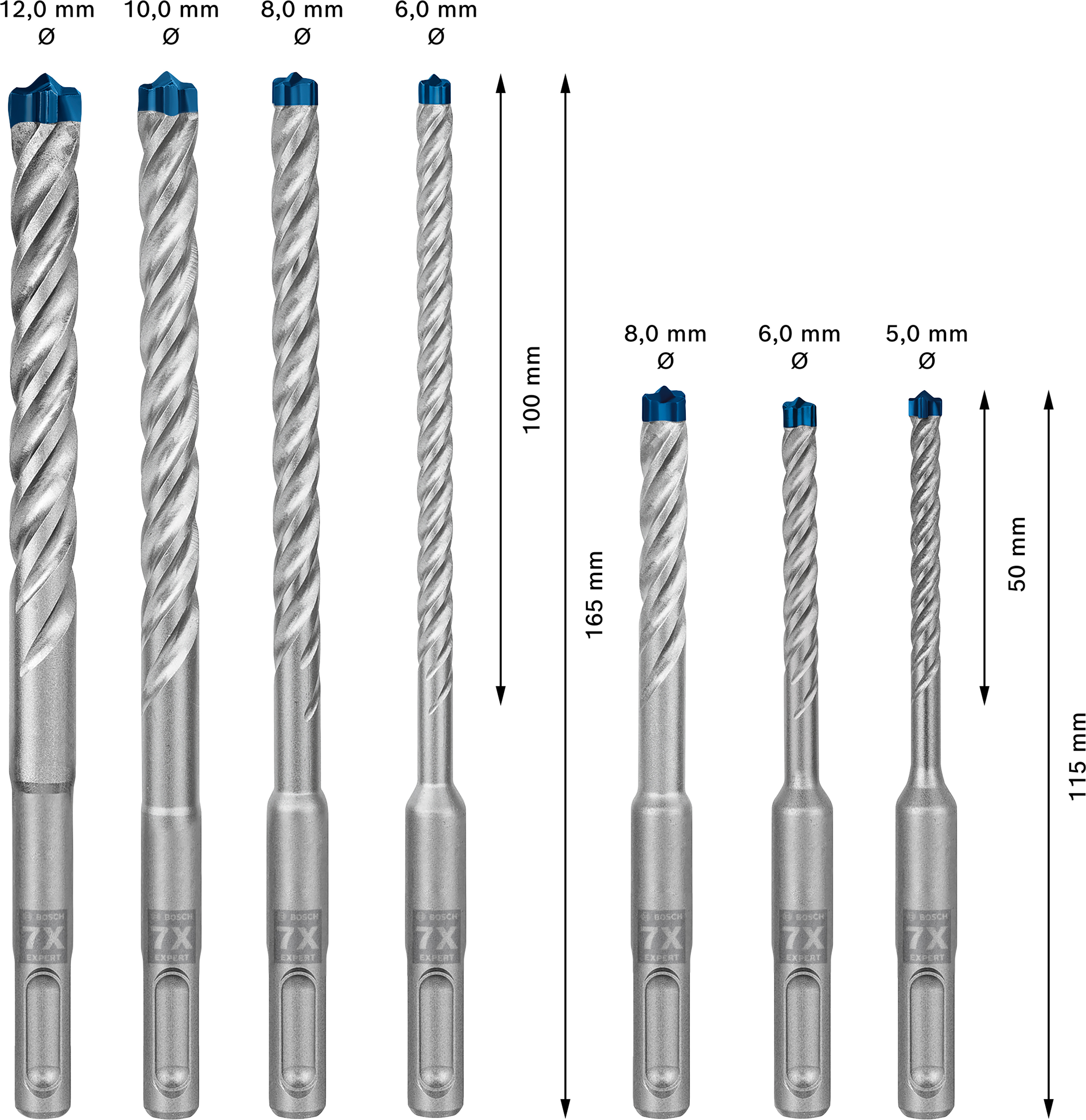 Sada vrtáků do betonu SDS plus-7X Bosch EXPERT Dostupné varianty: 7dílná sada vrtáků do betonu SDS plus-7x Bosch EXPERT 5/6/6/8/8/10/12 mm