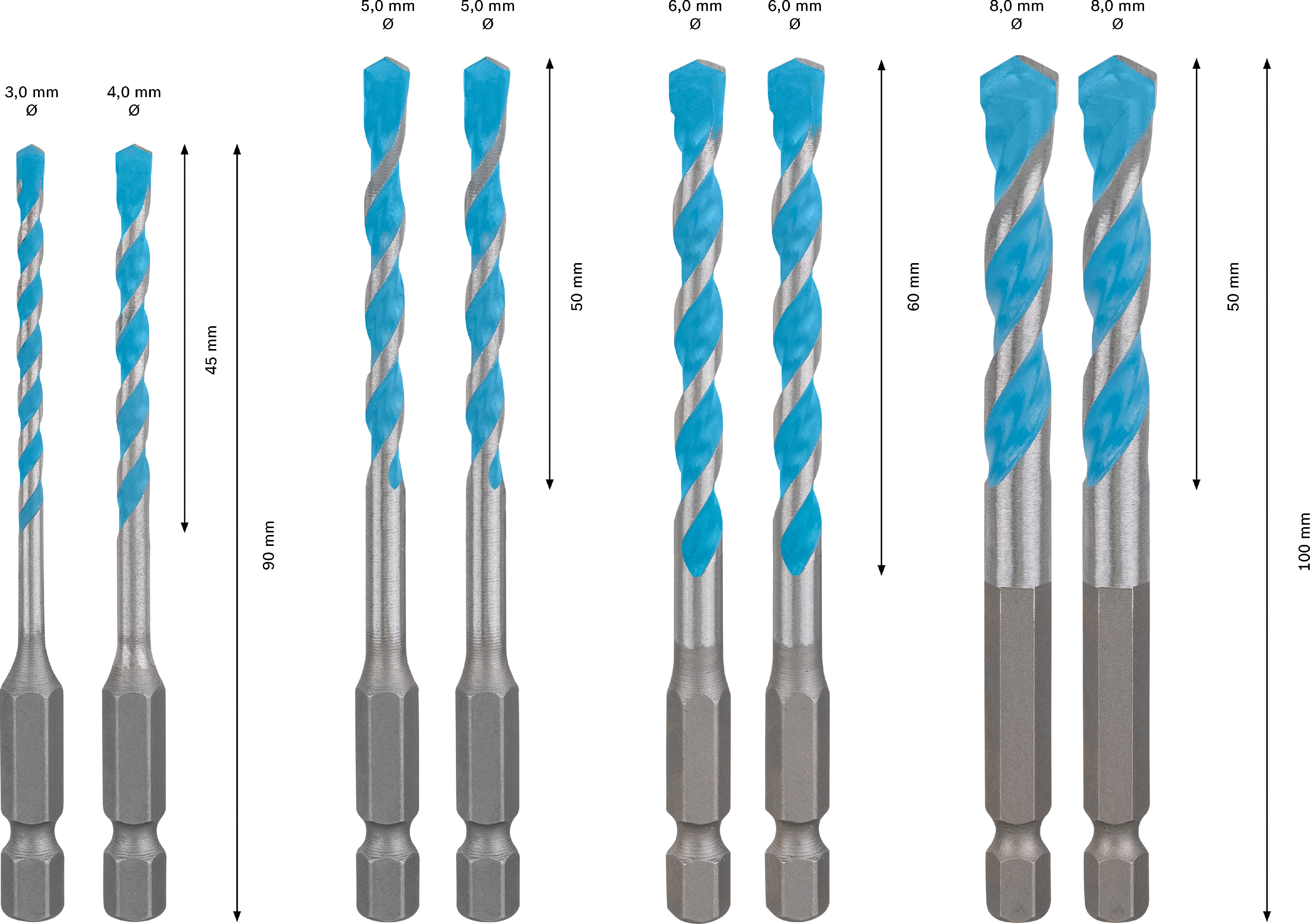 8dílná sada víceúčelových vrtáků HEX-9 Bosch EXPERT MultiConstruction 3/4/5/5/6/6/8/8 mm