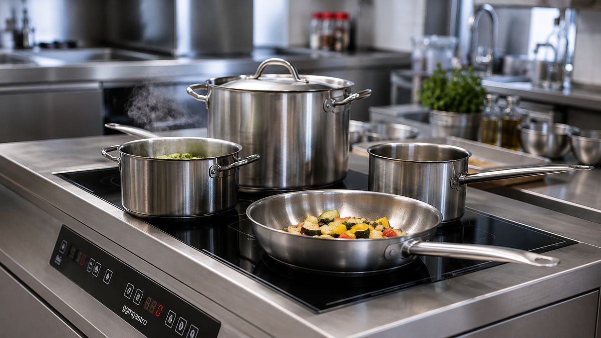 Nerezové hrnce, rendlík a pánev se zeleninou na profesionální indukční varné desce v gastro kuchyni