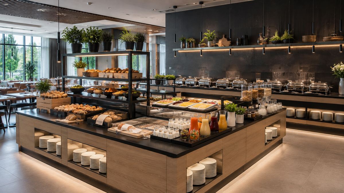 Snídaňový bufet v hotelové restauraci s pečivem, cereáliemi, chafingy a nápoji