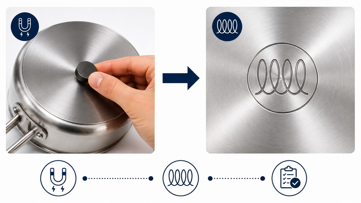 Test magnetem přiloženým ke dnu nerezového hrnce a symbol indukce vyražený na dně nádoby