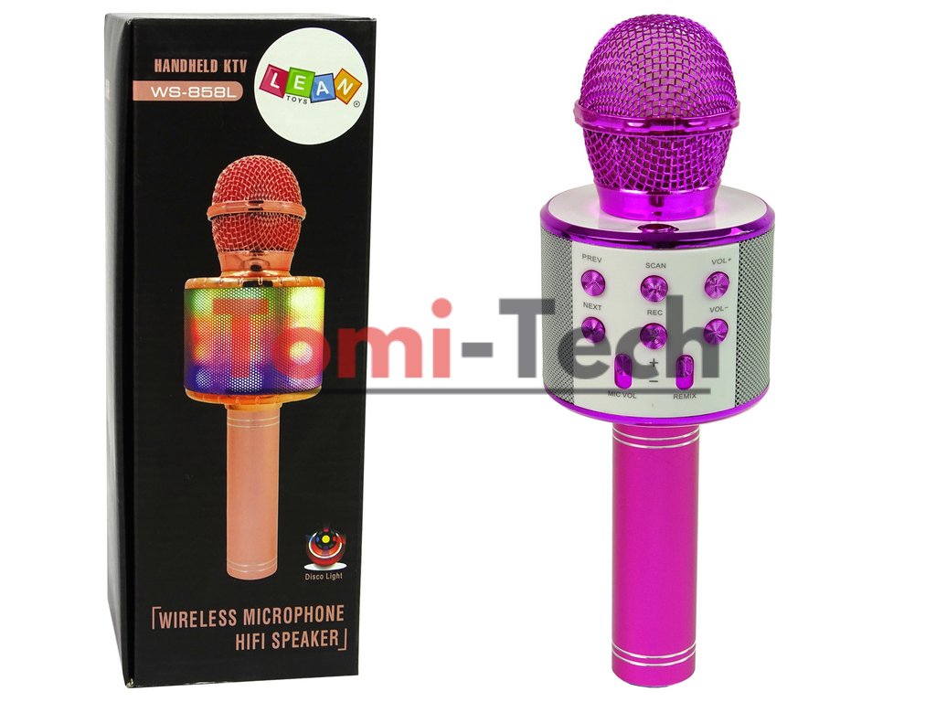 Bezdrôtový USB mikrofón, reproduktor, nahrávanie karaoke, model WS-858, ružový