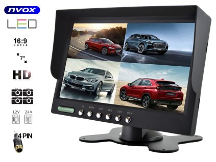 monitor samochodowy lcd 7cali hd cofania i monitoringu z obsluga do 4 kamer nvox hm740hd quad 4pin i143