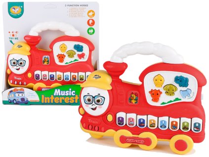 Interaktívne klavírne zvuky lokomotívy, zvieratá, zvuky vozidiel, melódie, červená