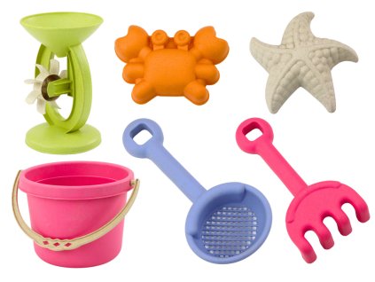 Sada hračiek do piesku: vedro, mlynček, sitko a formičky, pastelové farby