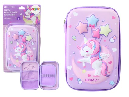 Veľký 3D peračník s jednorožcom, rozšíriteľný, fialový, 23x15x5 cm