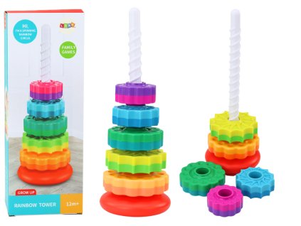 Rotujúce puzzle s pyramídovou vežou, dúhové, 36 cm, 6 dielikov